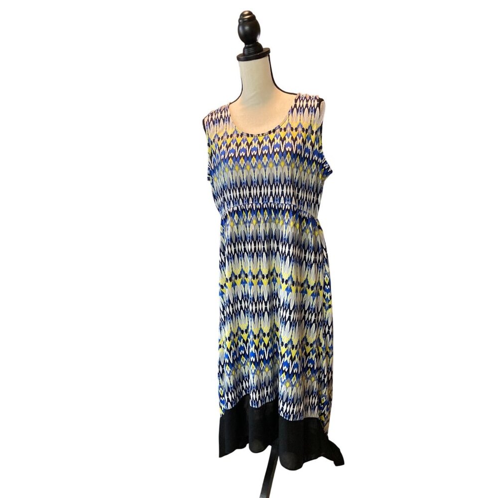 Kim Rogers Womens PXL Sleeveless Midi Dress Blue/Yellow Ikat Pattern Beach Boho